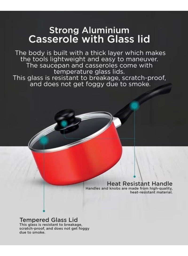 PERFECT KITCHEN 7-PCS Non-Stick Cookware Set + 2 Kitchen Tools, Red & Black – 3 Casseroles + Sauce Pan + 3 Glass Lids, Induction Compatible Pots & Pans Set (20cm Casserole, 24cm Casserole, 18cm Sauce Pan) - Image 5